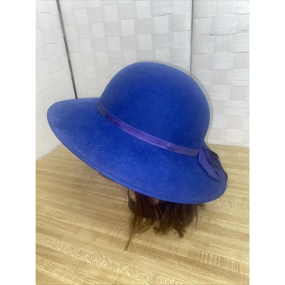 Vintage 60s Royal Blue 100% Wool Peachfelt Hat Ribbon Bow USA Made